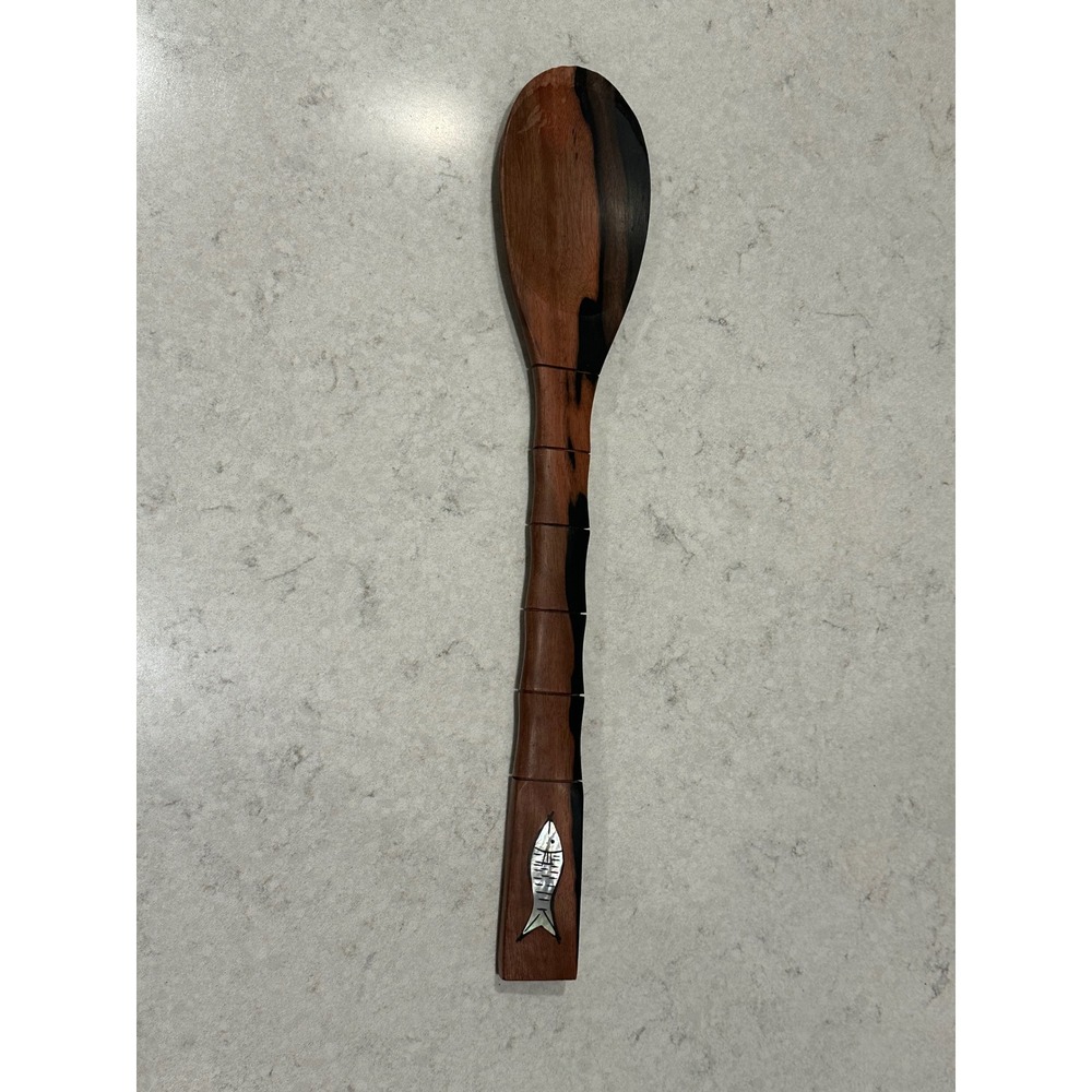 Handcrafted Two Tone Wood Serving Spoon Mother of Pearl Fish Inlay Bamboo Handle